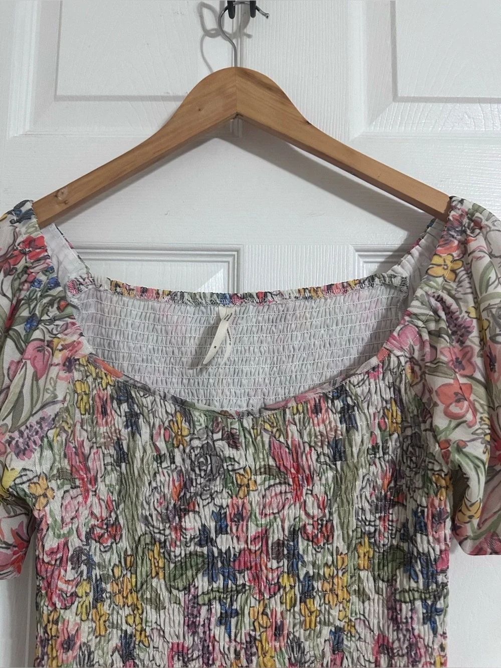 Anthropologie Floral Smocked Puff-Sleeve Top — Multicolor